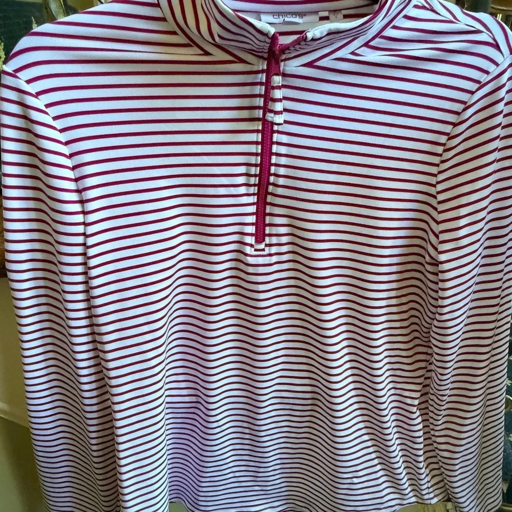 Chico’s Zenery Stretch material 3/4 zip long sleeve top. Size 0 EUC pink /White - Picture 5 of 11